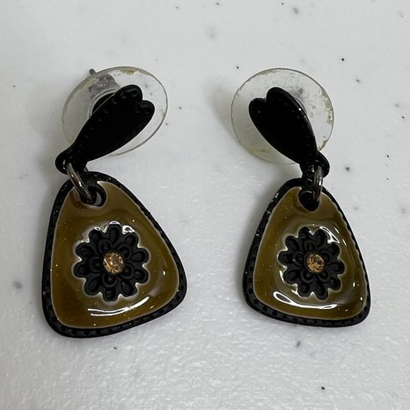 Earrings Floral‎ Charm Green Brown Rhinestone Enamel Stud Dangle Black Used, see - Picture 2 of 6